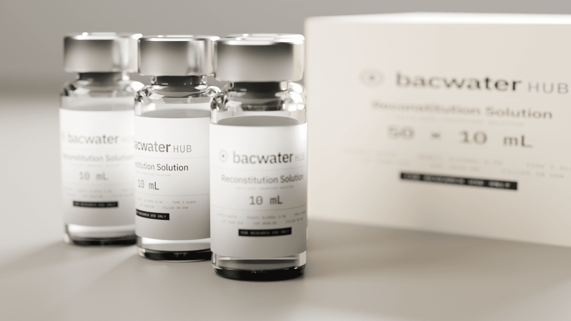 Orders dispatch the same day Reconstitution solution vials beside a 50-count shipping carton on a packing bench