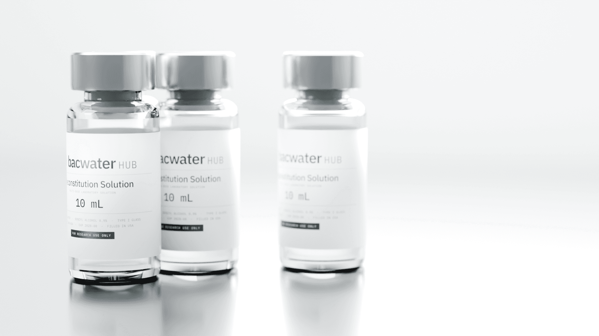 Three 10 mL reconstitution solution vials on a stainless clean bench
