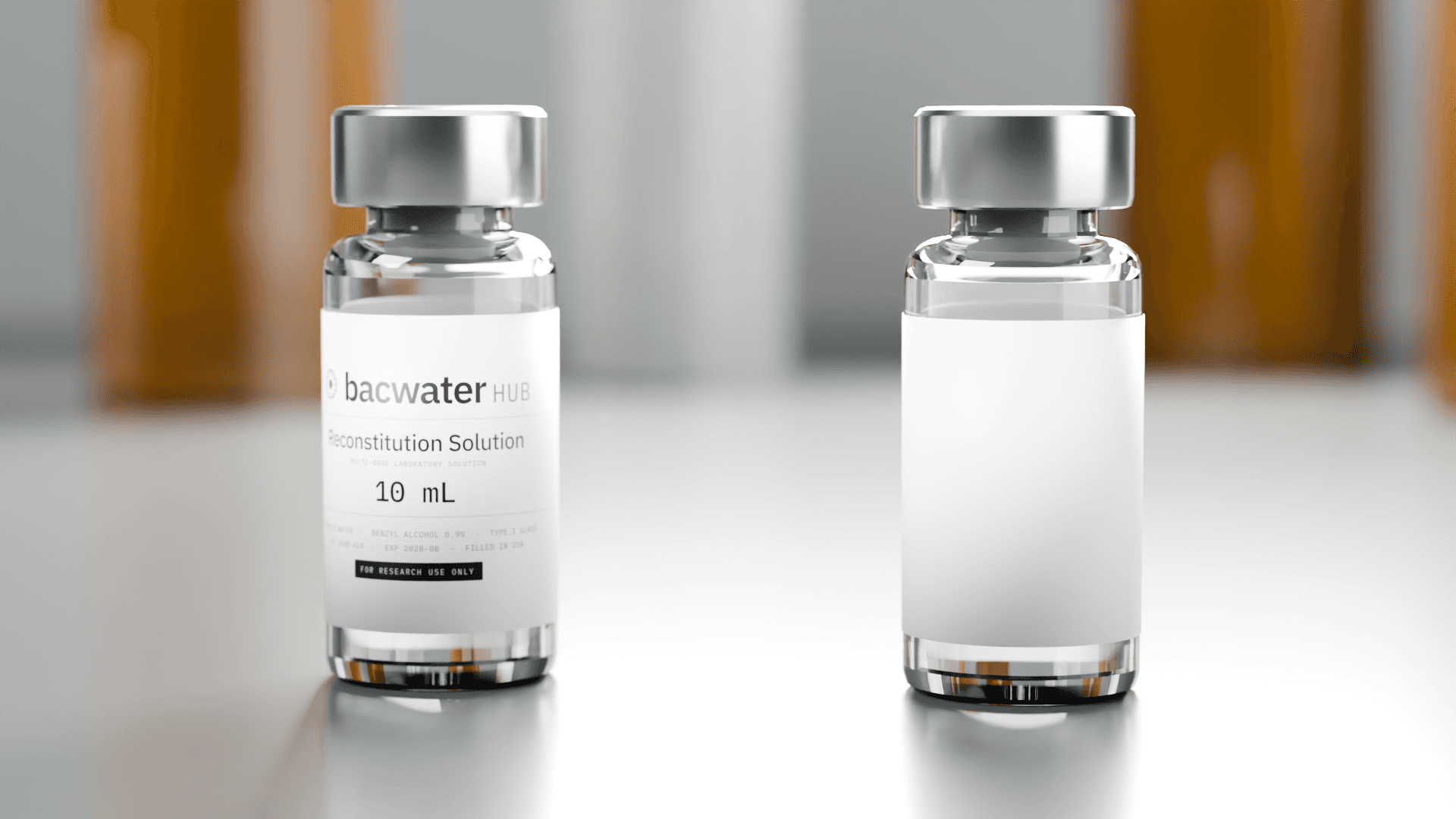 Branded reconstitution solution vial beside an unbranded blank-label vial