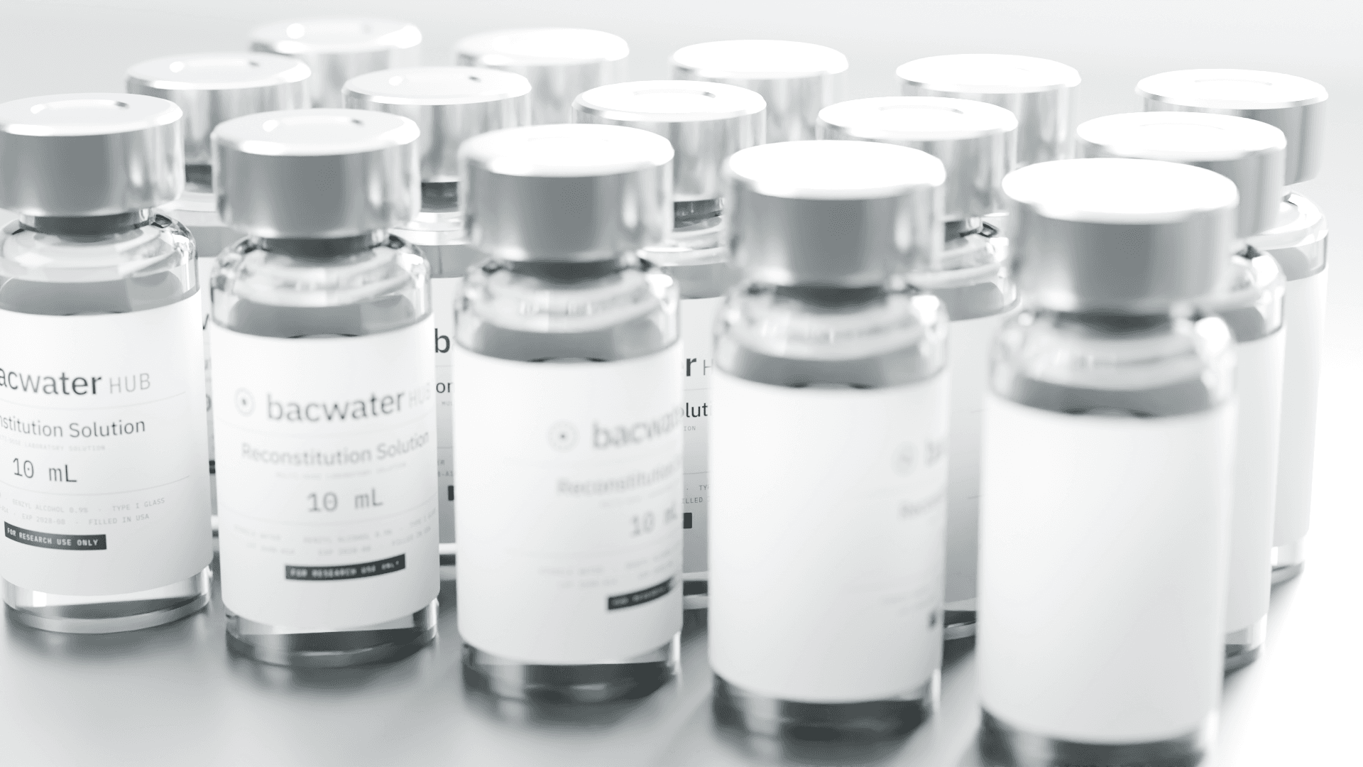 Tray of 10 mL reconstitution solution vials arranged for wholesale packing