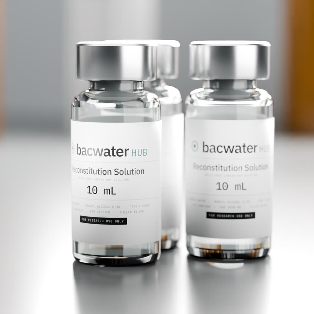 Bac Water Hub reconstitution solution vials on a laboratory bench, crimp sealed with the label facing forward